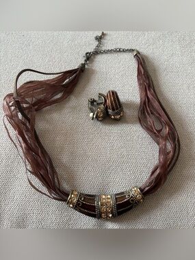 Brown Multi-Strand Statement Necklace with Matching Earrings
